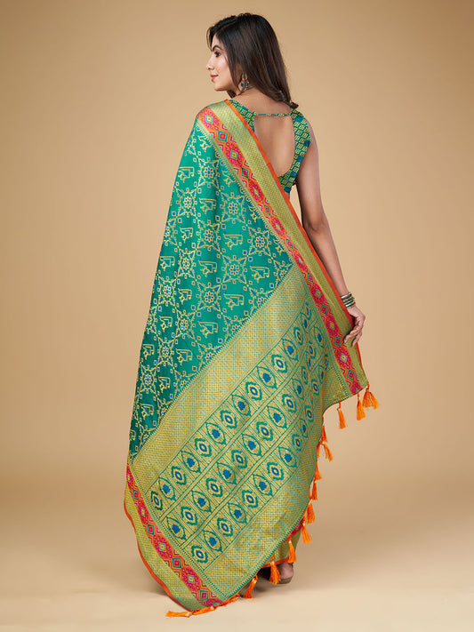 Rama Green Color Patola Silk Saree With Zari Weaving Work