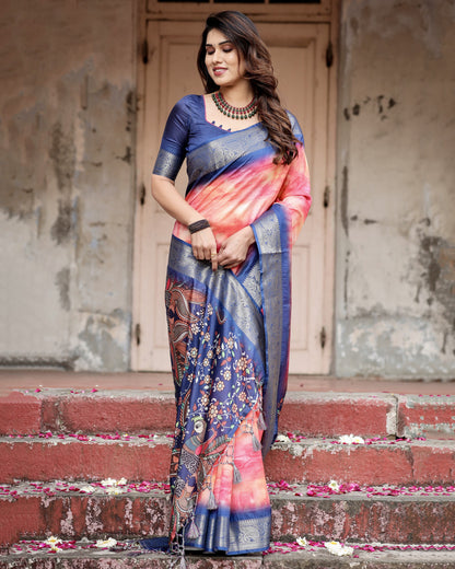 Pink Kalamkari Digital Printed Dola Silk Saree With Gold Zari Border