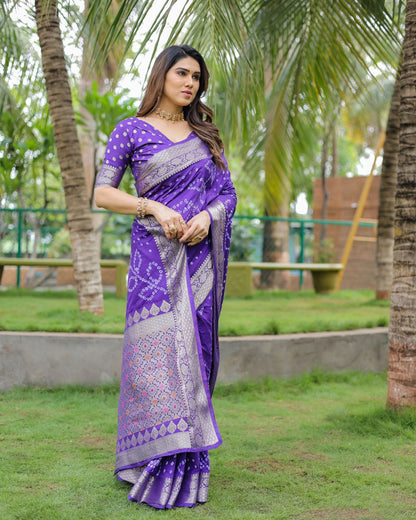 Violet Color Hand Bandhej Silk Saree With Zari Weaving Work