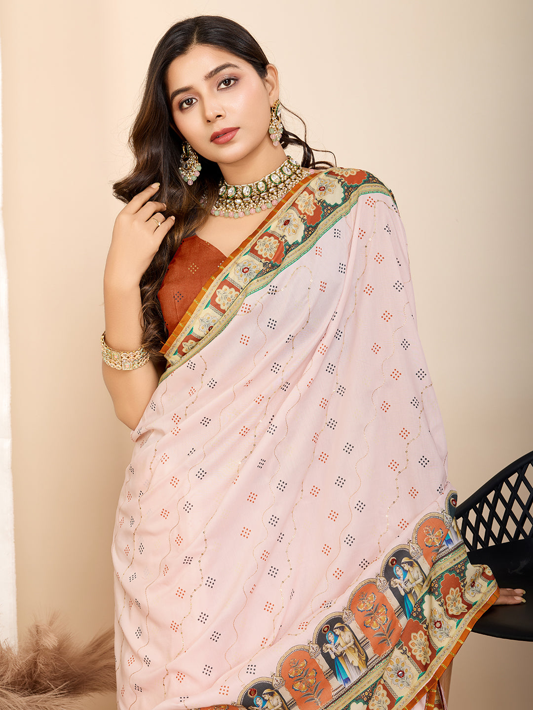 Peach Fancy Muslin Cotton Saree With Digital Printed Work