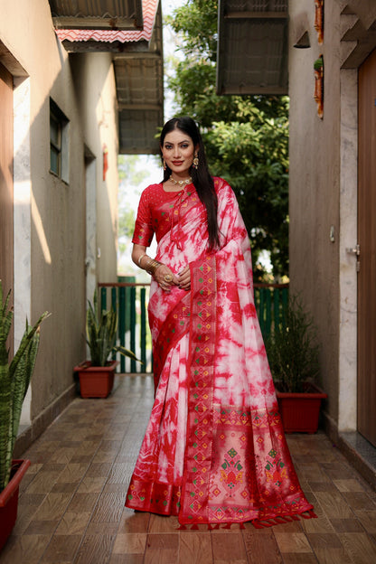 Red Color Dola Silk Saree With Shibori Printed Work