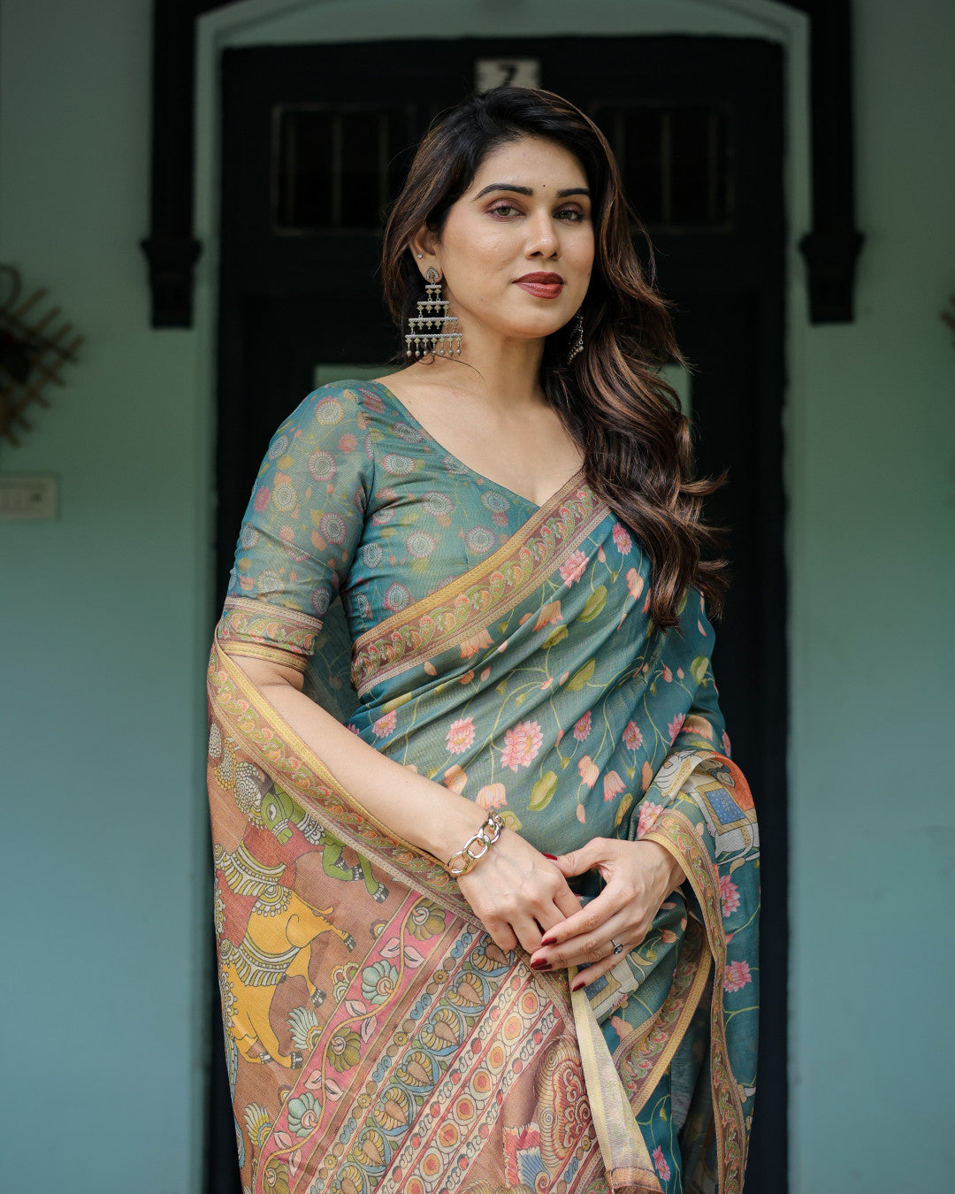 Multi Kalamkari Digital Printed Linen Cotton Saree