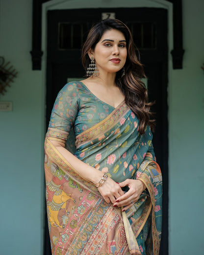 Multi Kalamkari Digital Printed Linen Cotton Saree