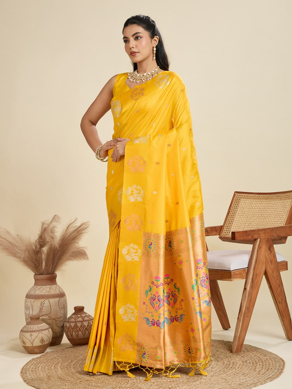 Yellow Kanjivaram Silk Saree With Zari Weaving Butta Border & Designer Rich Paithani Pallu