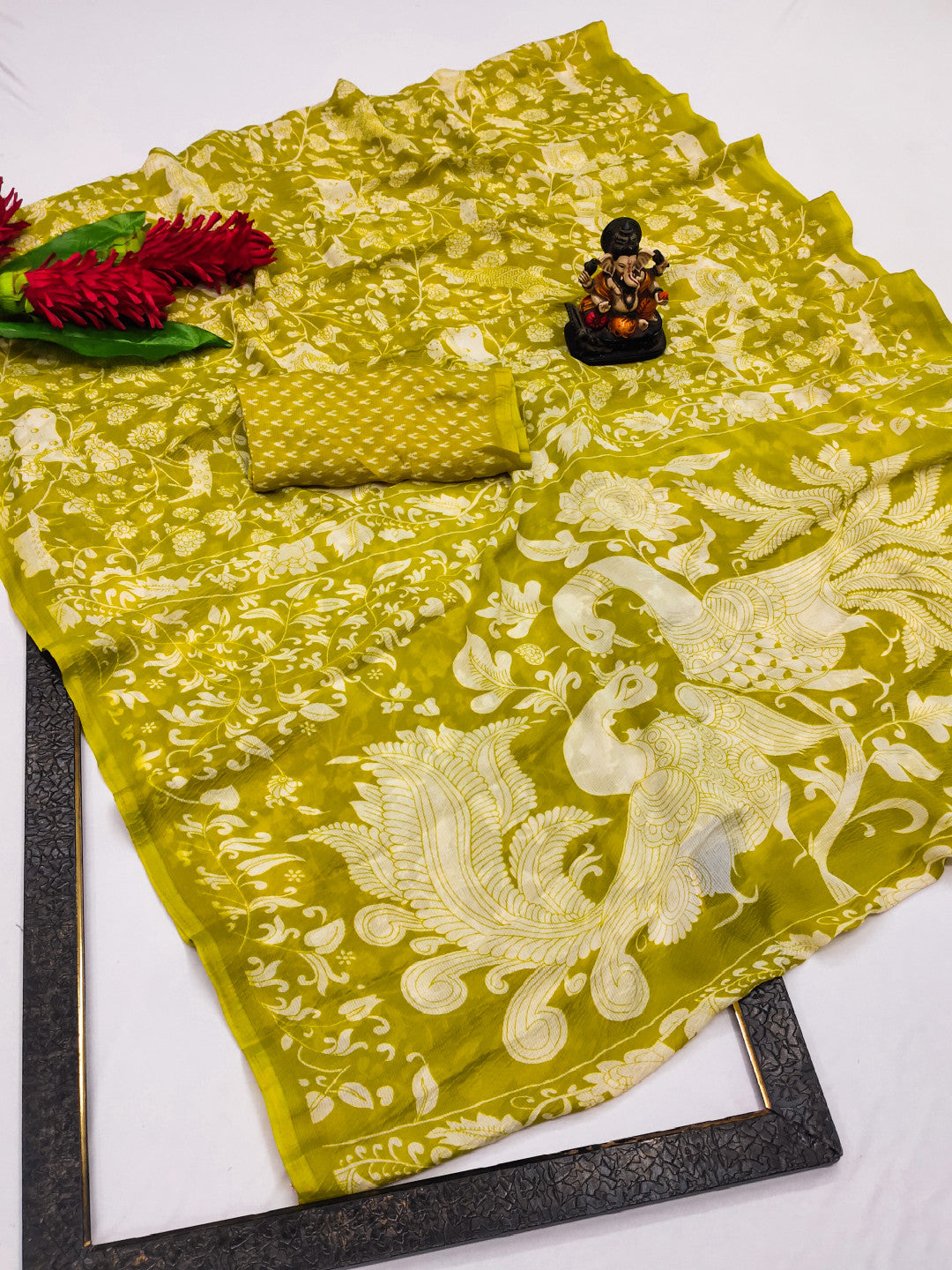 Parrot Green Soft Crush Chinnon Silk Saree With Allover Kalamkari Printed Design