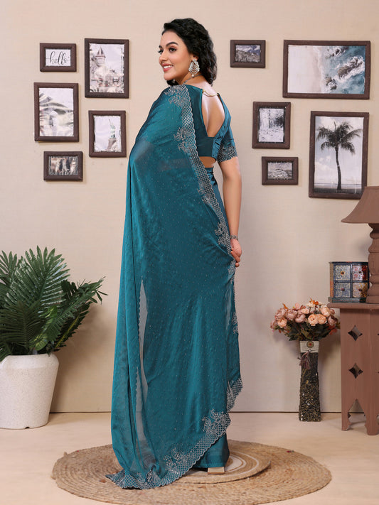Fancy Firoji Rangoli Silk Saree With Diamond Work