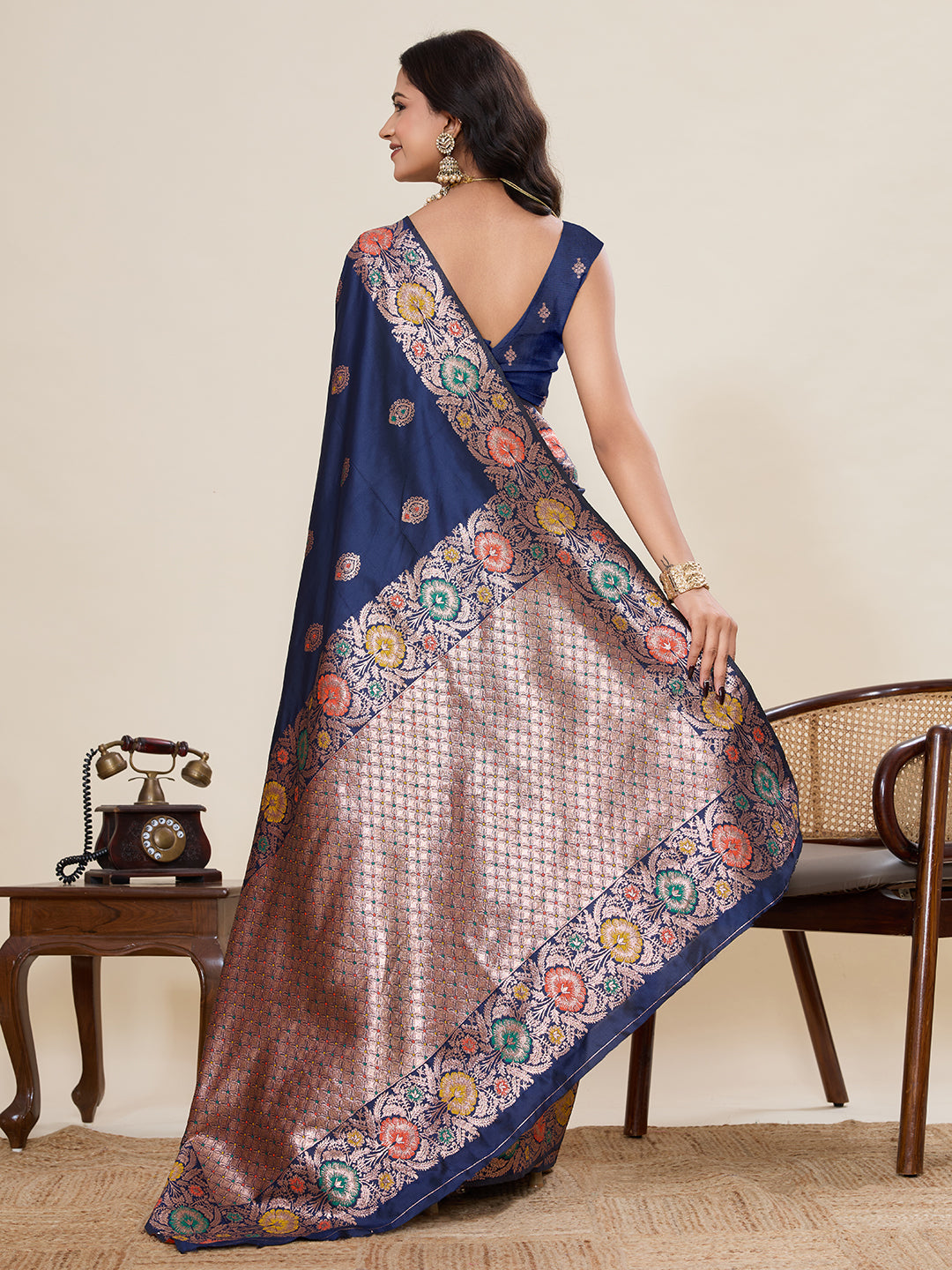 Traditional Navy Blue Color Jacquard Silk Saree With Zari Work