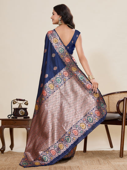Traditional Navy Blue Color Jacquard Silk Saree With Zari Work