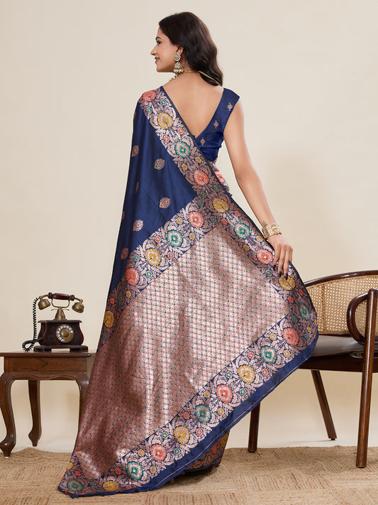 Traditional Navy Blue Color Jacquard Silk Saree With Zari Work