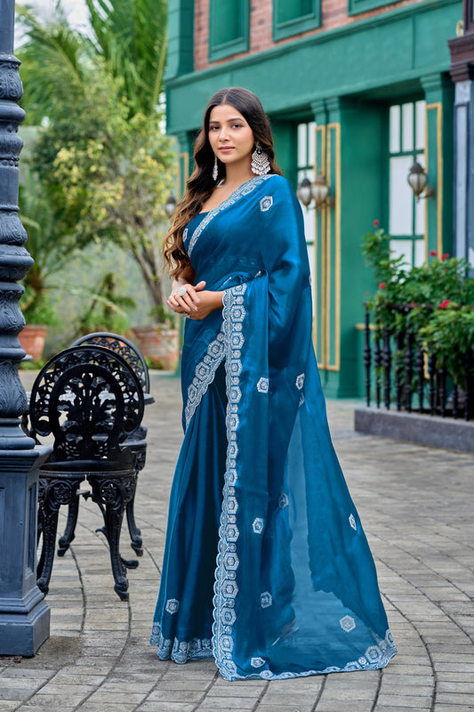 Firoji Fancy Shimmer Chiffon Saree With Embroidery Work