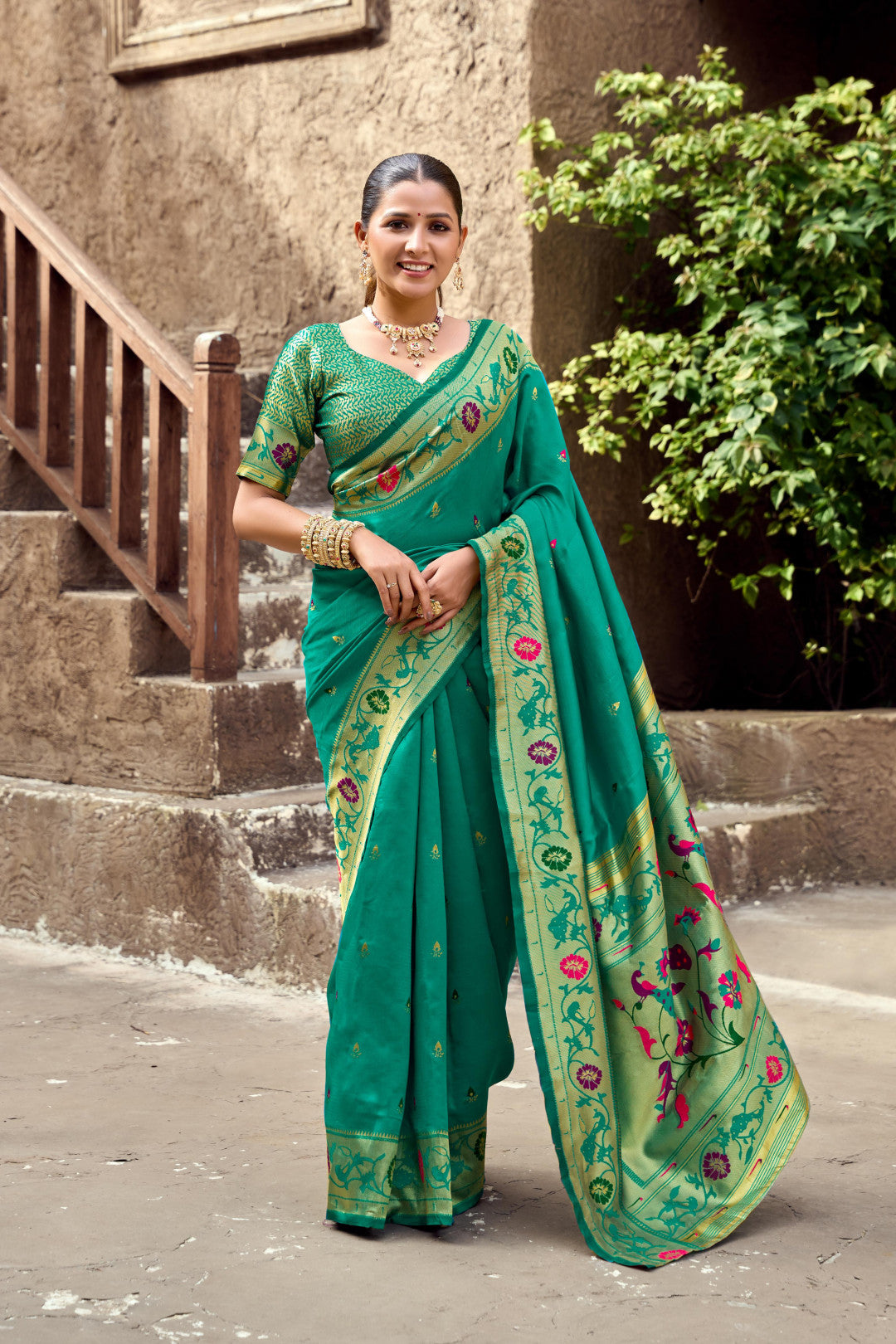 Traditional Rama Green Paithani Silk Saree With Zari Weaving Work