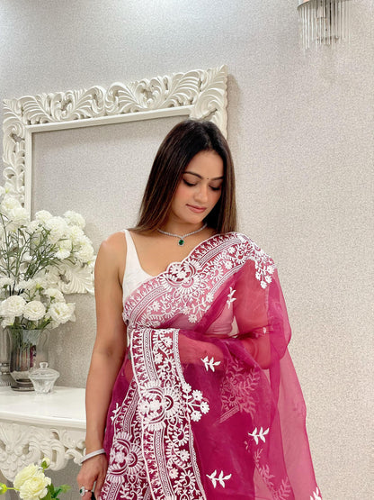 Organza Silk Saree With Embroidery Work