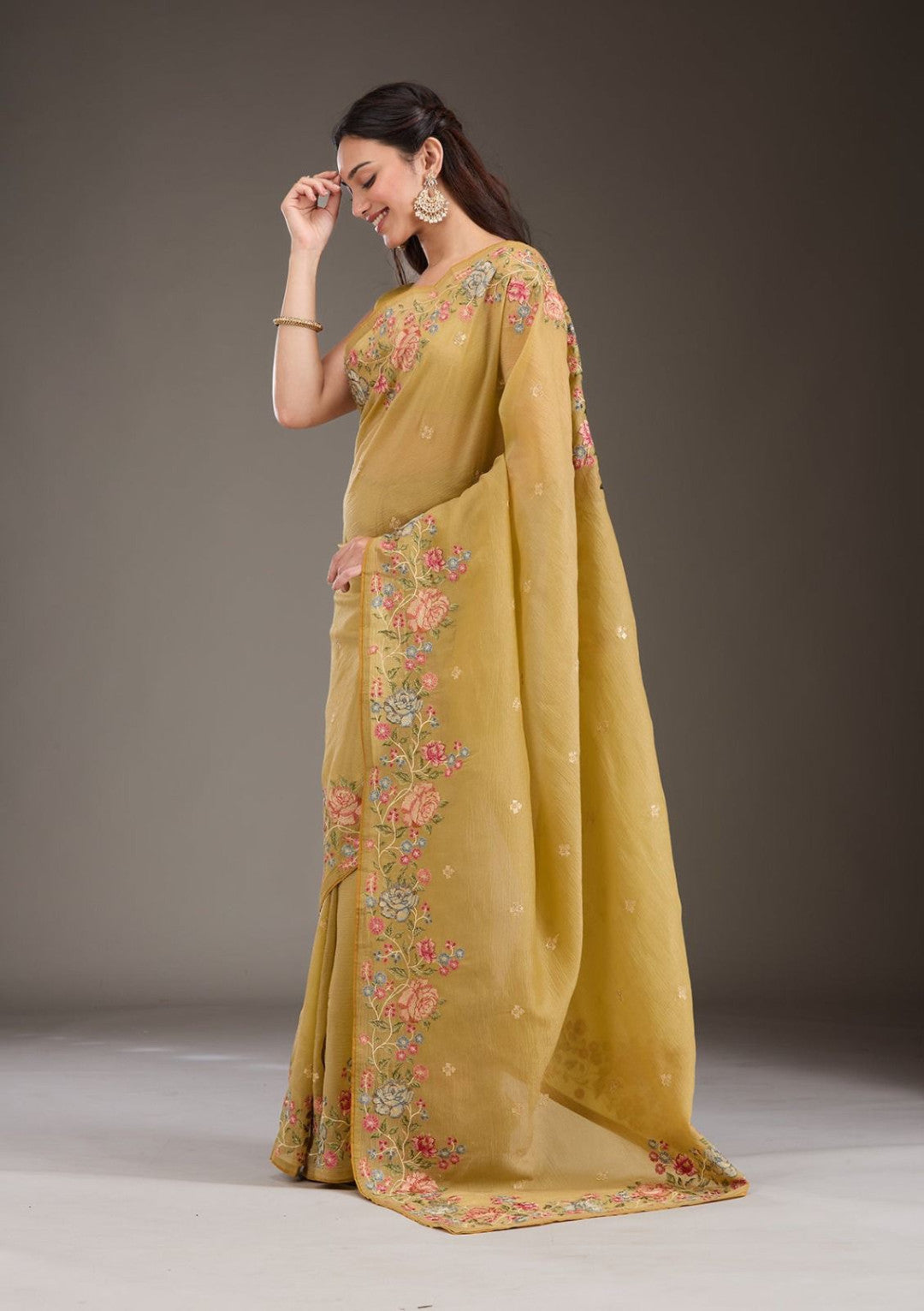 Mustard Yellow Fancy Crunchy Silk Saree With Multi Thread Work And Piping Lace Border