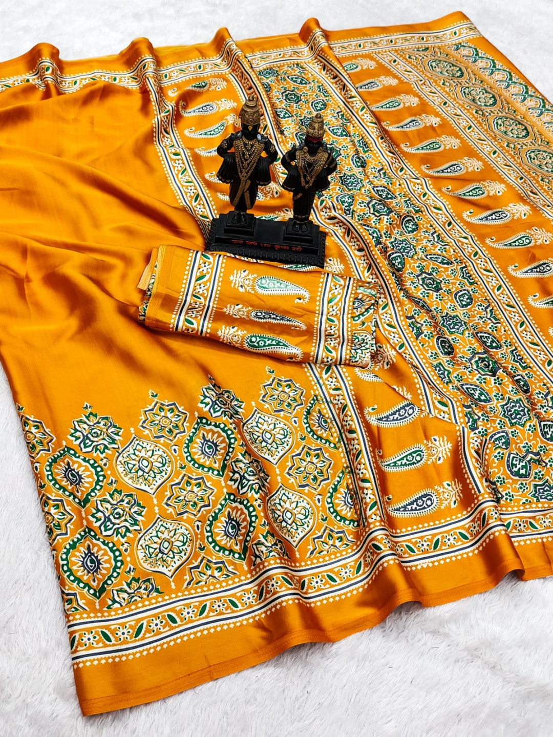 Yellow Fancy Ajrakh Printed Crepe Silk Saree