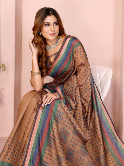 Beige Colour Chanderi Cotton Saree With Digital Printed Work