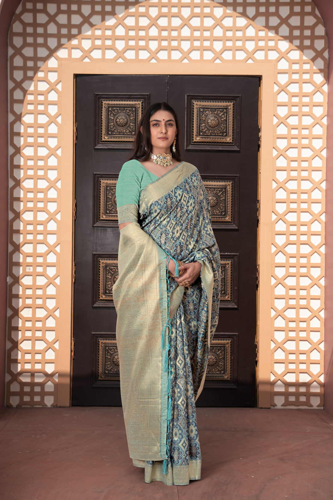 Blue Cotton Ikkat Silk Saree With Zari Woven Work