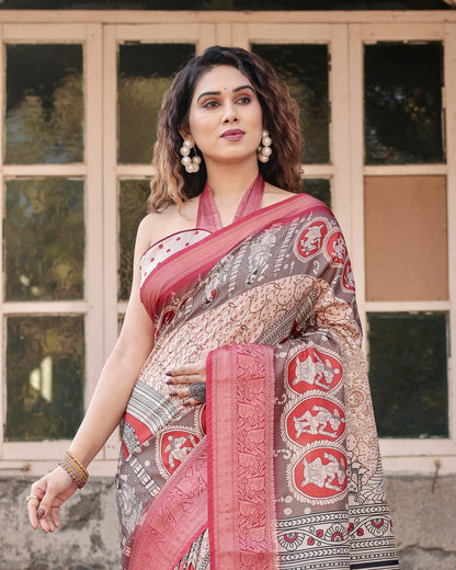 Multi Kalamkari Digital Printed Tussar Silk Saree With Zari Motif Border
