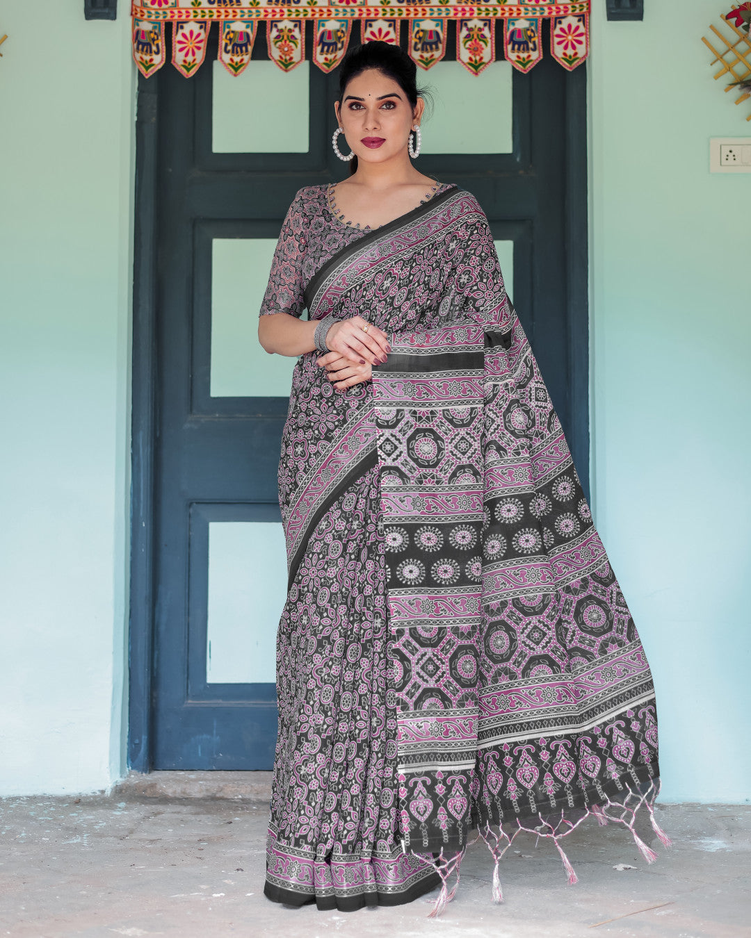Black Soft Linen Cotton Saree With Ajarakh Digital Printed Work