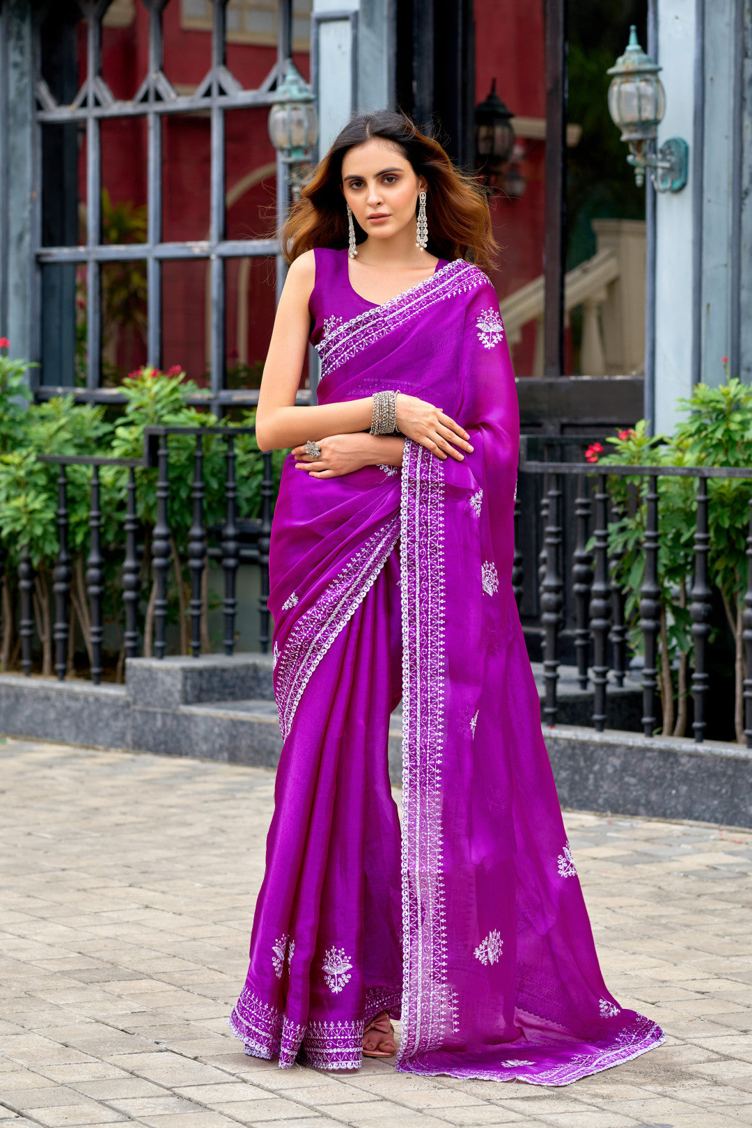 Magenta Fancy Shimmer Chiffon Saree With Embroidery Work