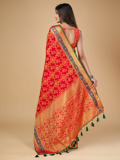 Red Color Patola Silk Saree With Zari Weaving Work