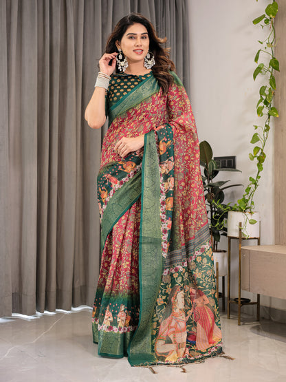 Multi Kalamkari Digital Printed Linen Cotton Saree
