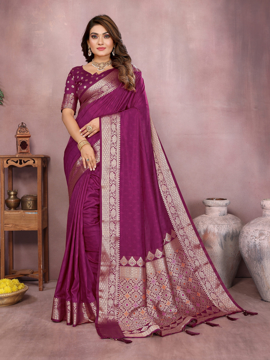 Magenta Premium Dola Silk Saree With Meenakari Weaving Work