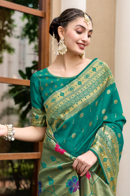 Traditional Rama Green Paithani Silk Saree With Zari Weaving Work