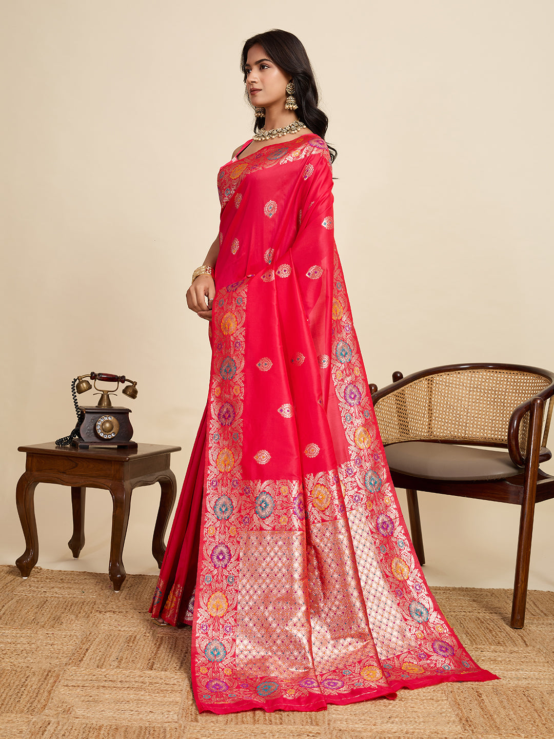 Traditional Red Color Jacquard Silk Saree With Zari Work