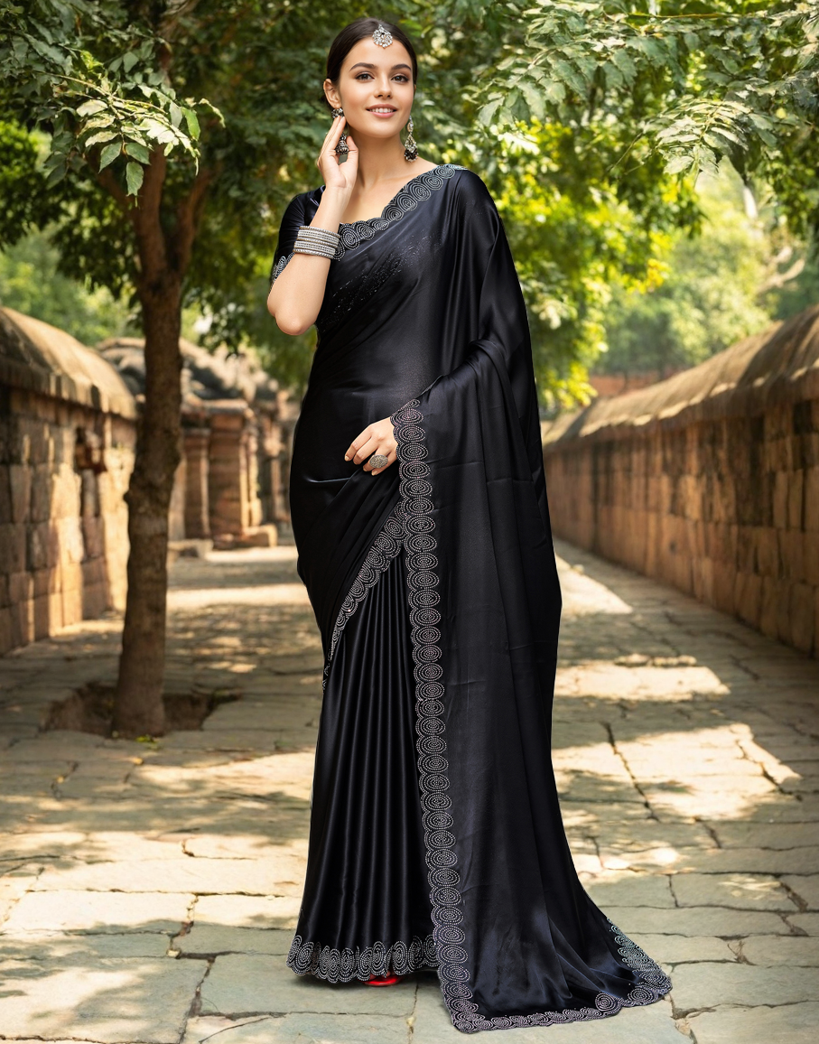 Black Rangoli Silk Saree With Beautiful Siroski Work