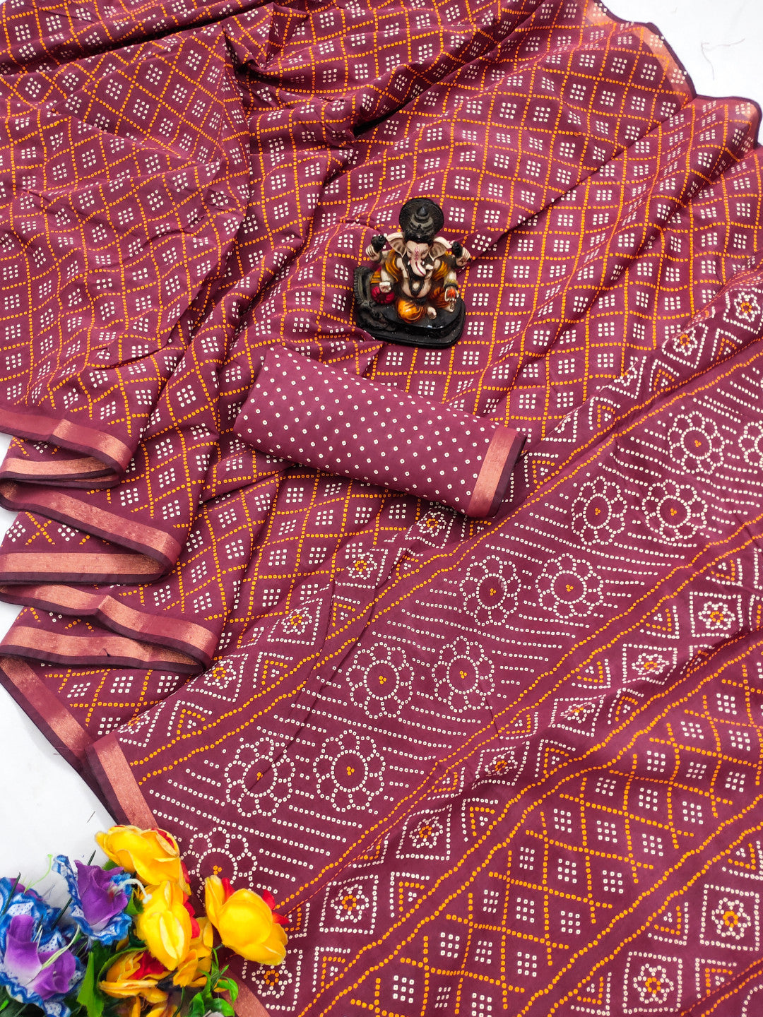 Dusty Pink Bandhej Printed Soft Cotton Saree With Zari Border