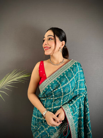 Rama Green Traditional Blooming Vichitra Khadi Bandhej Silk Saree With Sequence Work
