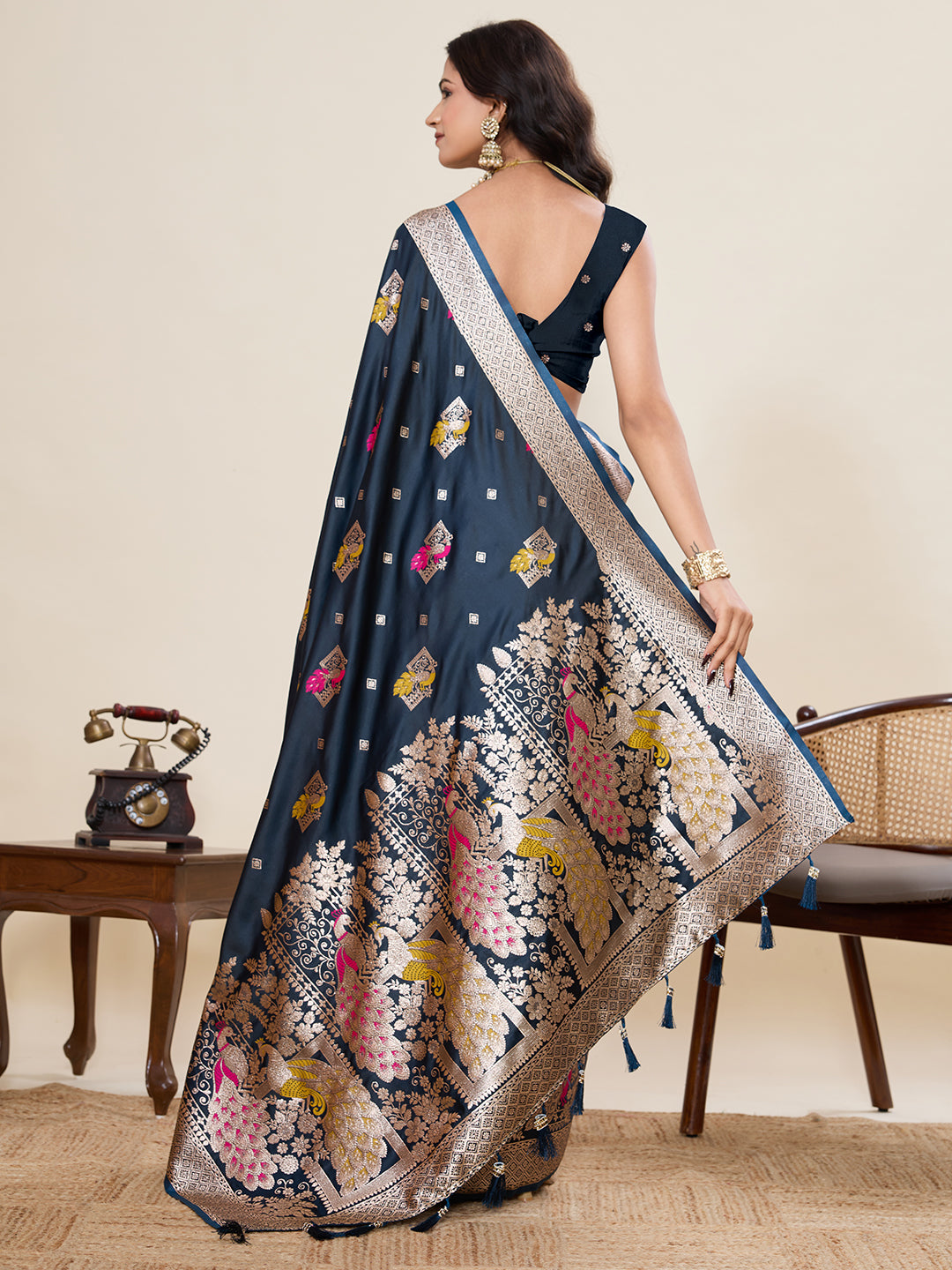 Navy Blue Soft Satin Silk Saree With Zari Weaving Work And Paithani Pallu
