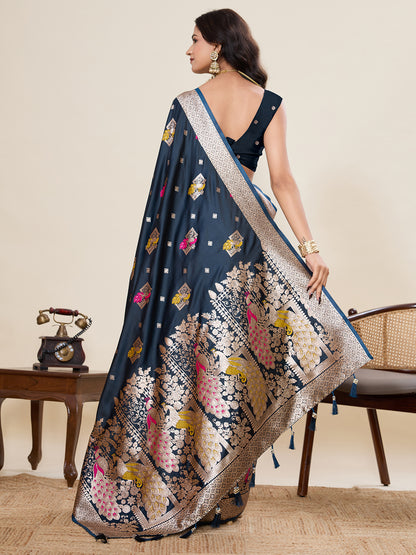 Navy Blue Soft Satin Silk Saree With Zari Weaving Work And Paithani Pallu