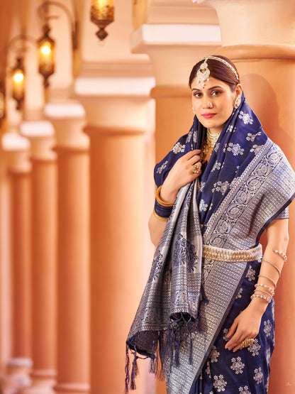 Navy Blue Color Soft Banarasi Silk Saree With Zari Weaving Work