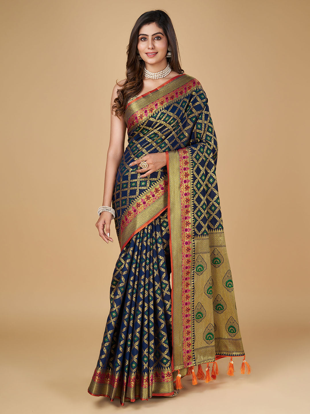 Navy Blue Color Patola Silk Saree With Zari Weaving Work