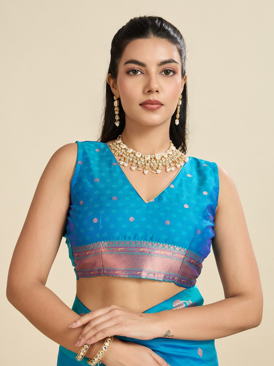 Firoji Kanjivaram Silk Saree With Zari Weaving Butta Border & Designer Rich Paithani Pallu