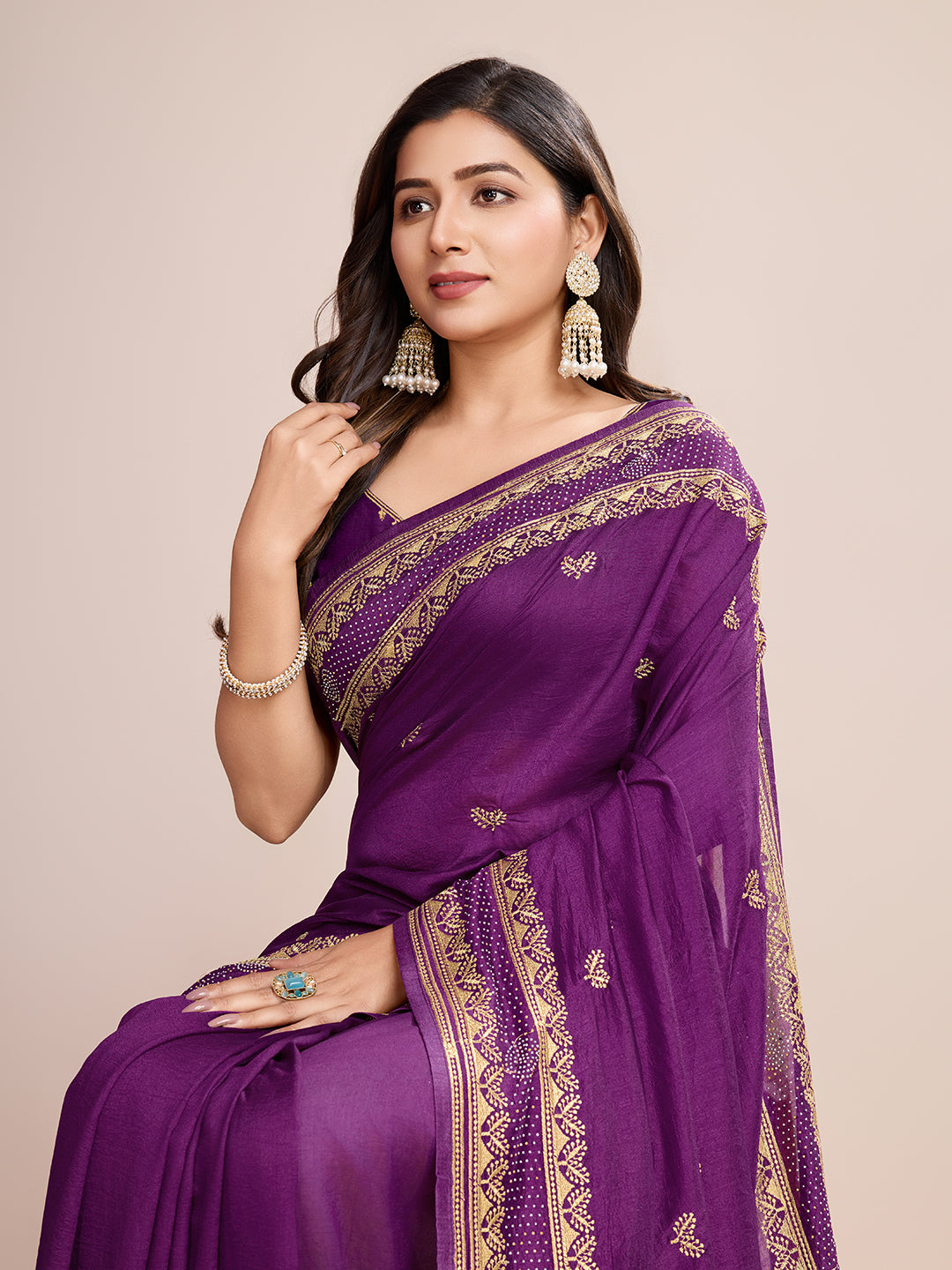 Fancy Magenta Soft Vichitra Silk Saree With Embroidery Work