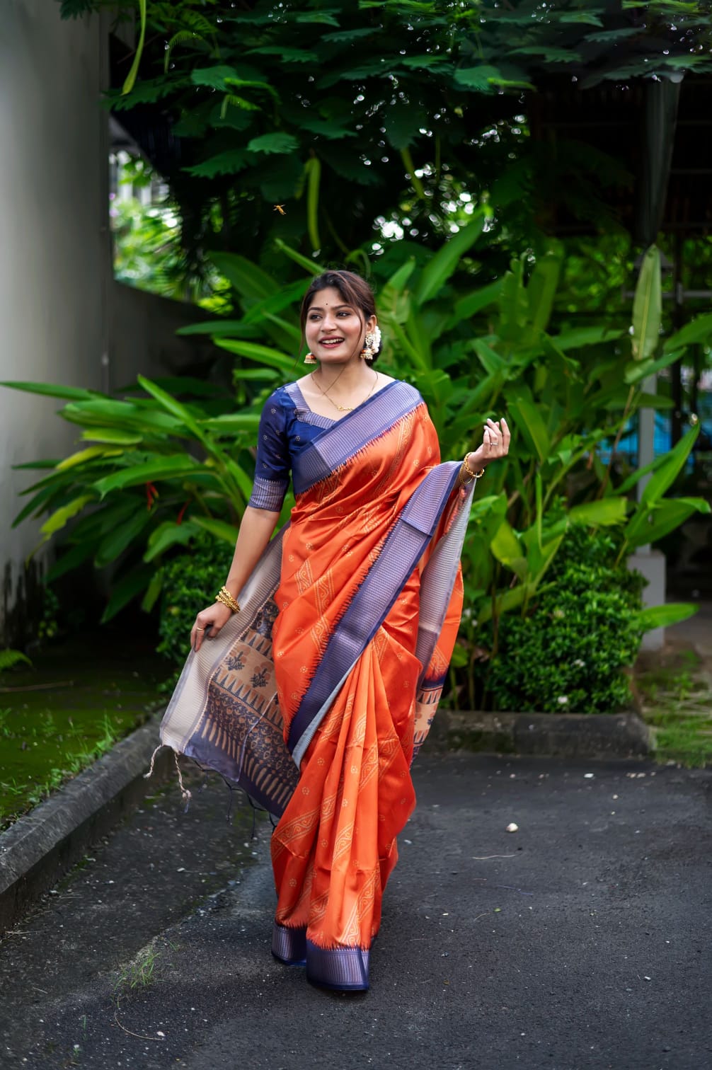 Orange Color Tussar Silk Saree With Digital Printed Work