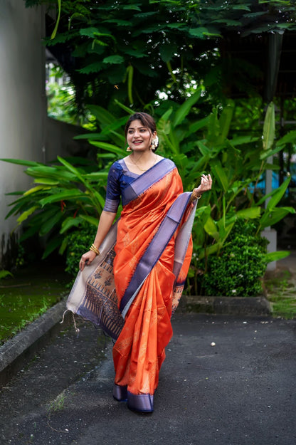 Orange Color Tussar Silk Saree With Digital Printed Work