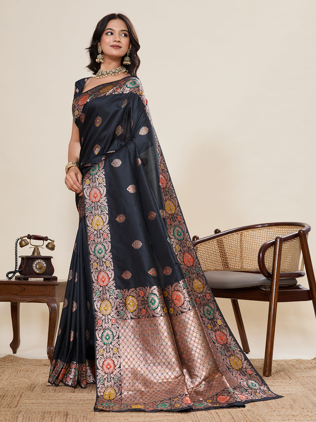 Traditional Black Color Jacquard Silk Saree With Zari Work