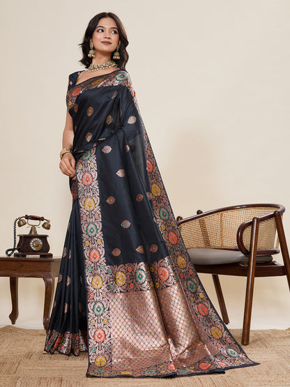 Traditional Black Color Jacquard Silk Saree With Zari Work