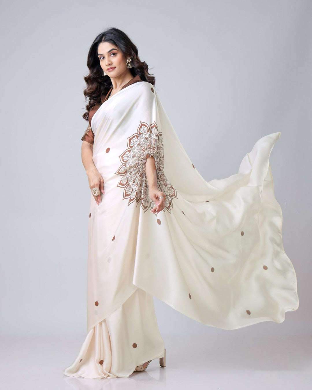 Cream Fancy Satin Georgette Ready To Wear Saree With Freehand Printed Work