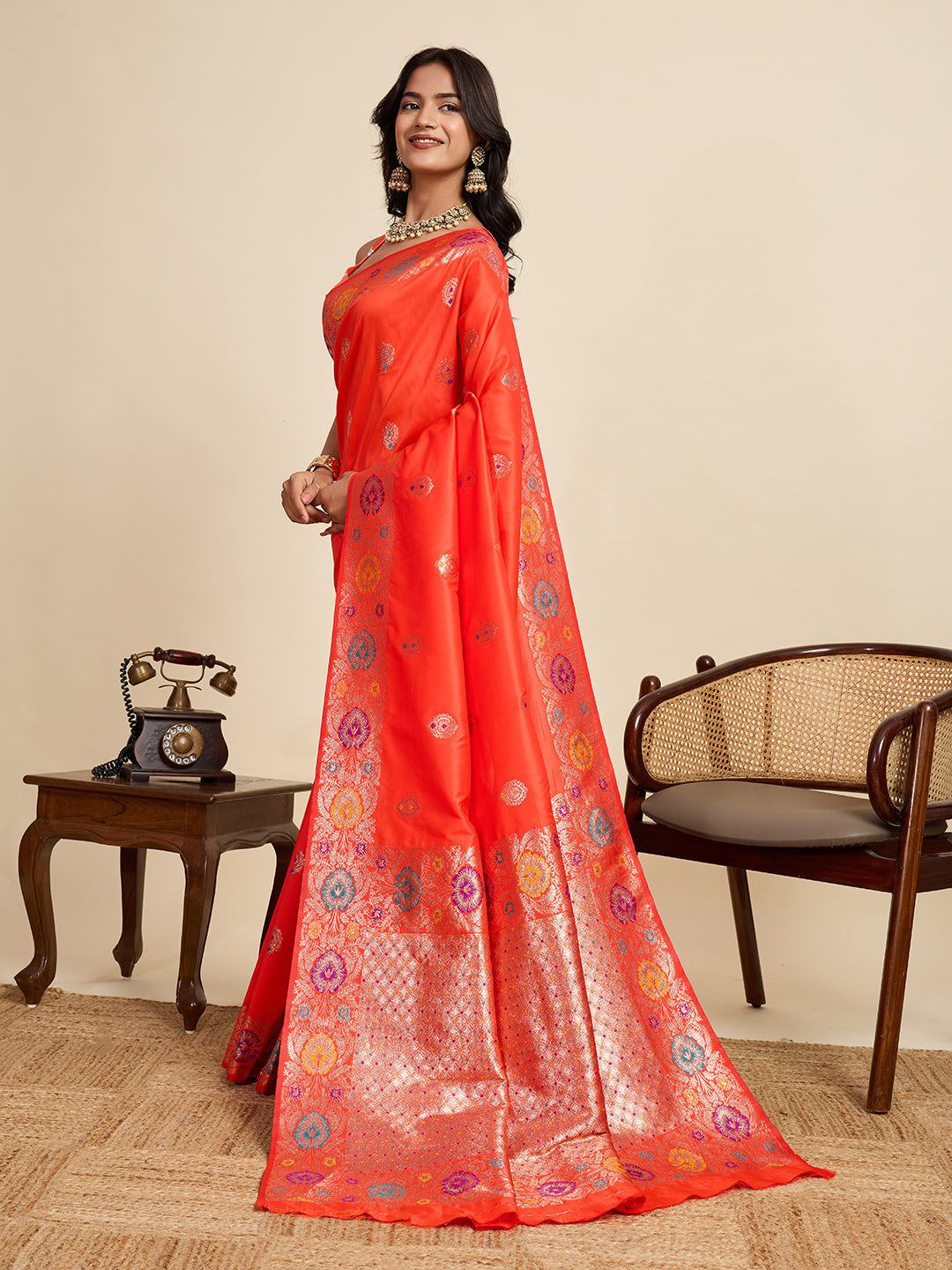 Traditional Orange Color Jacquard Silk Saree With Zari Work