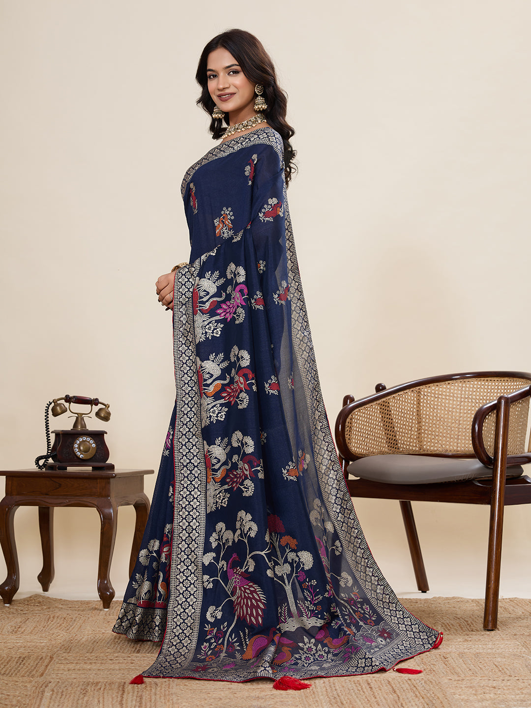 Navy Blue Cotton Saree With Table Printed And Foil Work With Pipeing Border