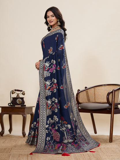 Navy Blue Cotton Saree With Table Printed And Foil Work With Pipeing Border
