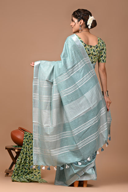 Light Blue Colour Pure Plain Linen Cotton Saree With Ajrakh Blockprinted Cotton Blouse