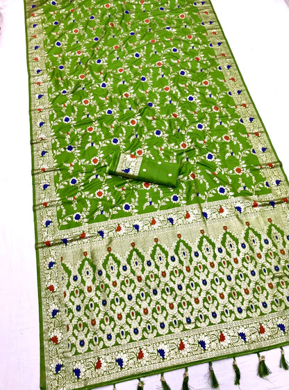 Mahendi Green Banarasi Silk Saree With Meenakari Zari Weaving Work