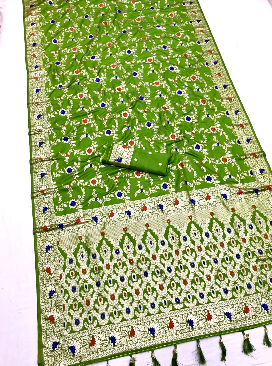 Mahendi Green Banarasi Silk Saree With Meenakari Zari Weaving Work