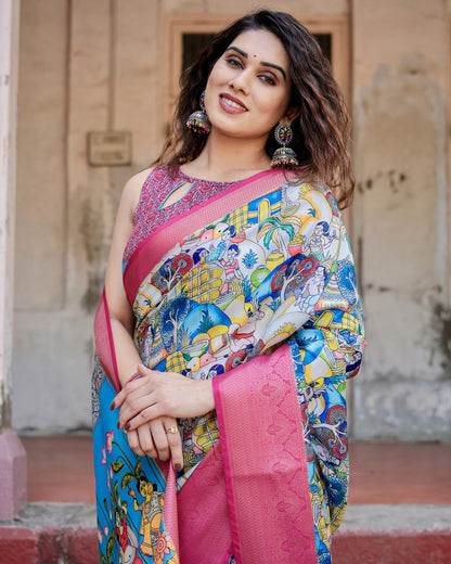 Multi Fancy Kalamkari Digital Printed Tussar Silk Saree