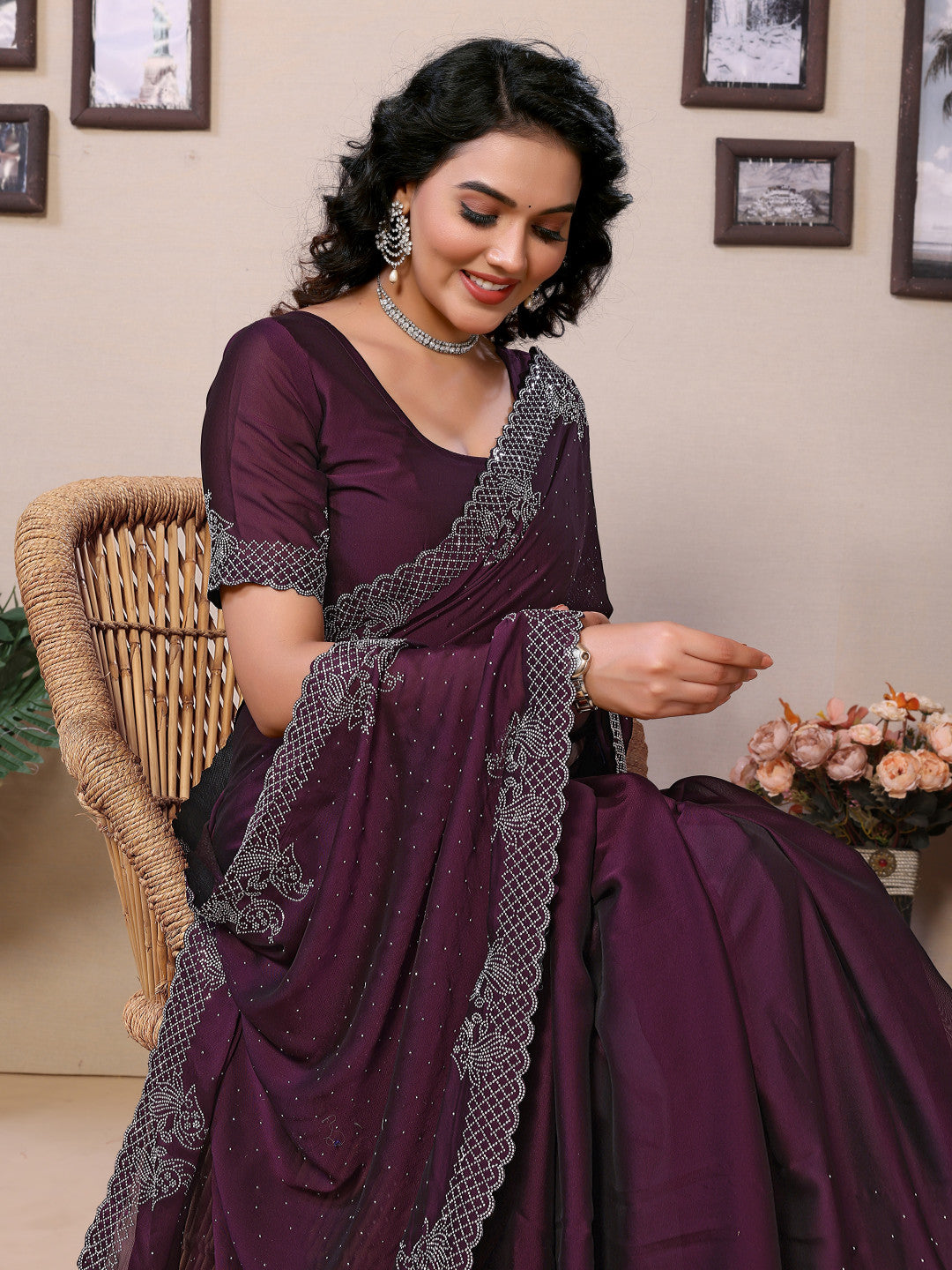 Fancy Wine Rangoli Silk Saree With Diamond Work